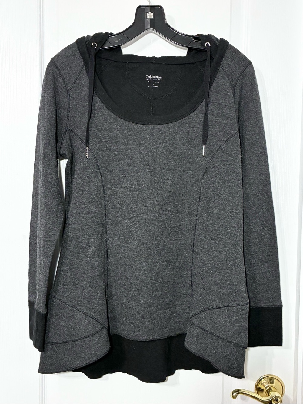 Calvin Klein Performance Charcoal Layered Ruffle Hem Hoodie Top Gray Black Large